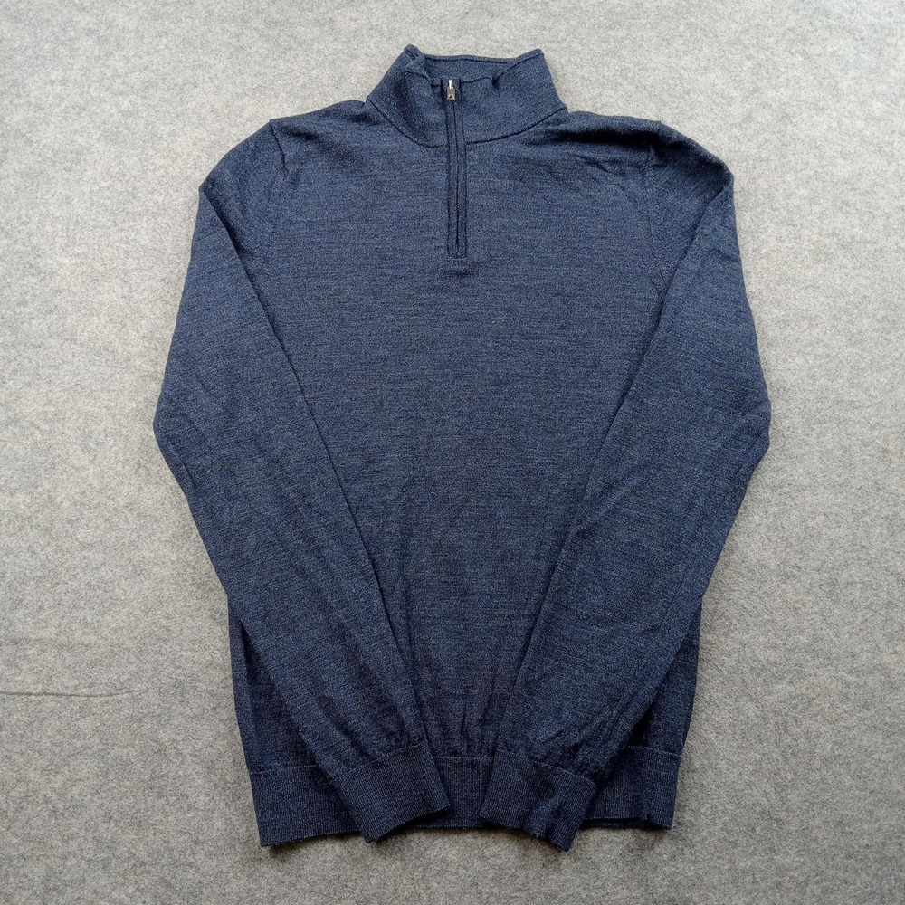 Reiss Sweater Mens Small Blue Merino Wool‎ Quarter Zip Pullover Mock Neck